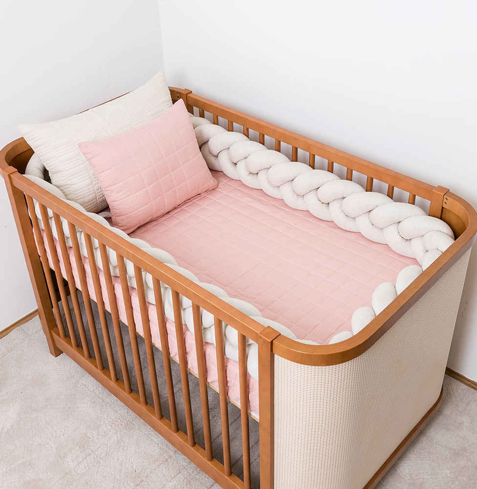 Kit Berço 5 Peças Quadradinho e Retângulo - Rosa Chá 