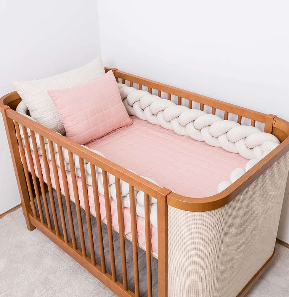Kit Berço 5 Peças Quadradinho e Retângulo - Rosa Chá 
