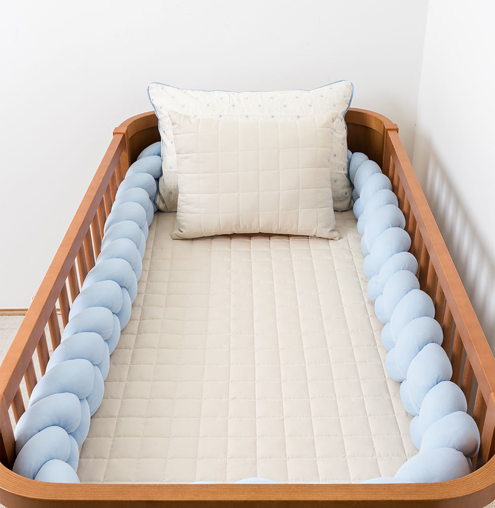 Kit Berço 5 Peças Quadradinho com Bordado Poá - Bege e Azul