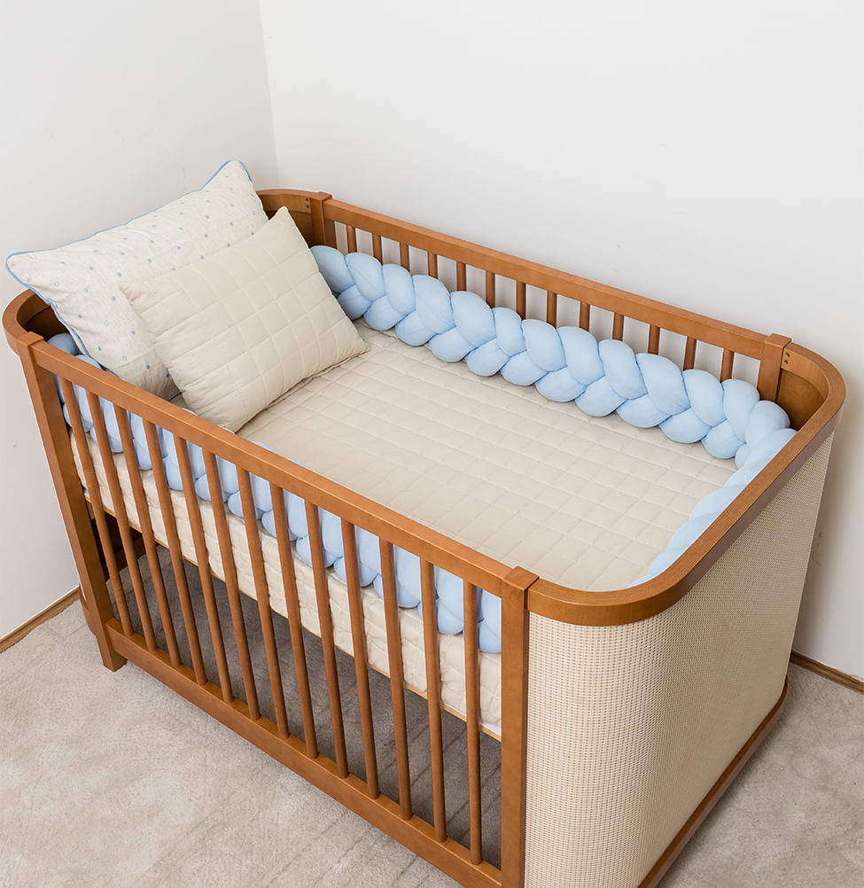 Kit Berço 5 Peças Quadradinho com Bordado Poá - Bege e Azul