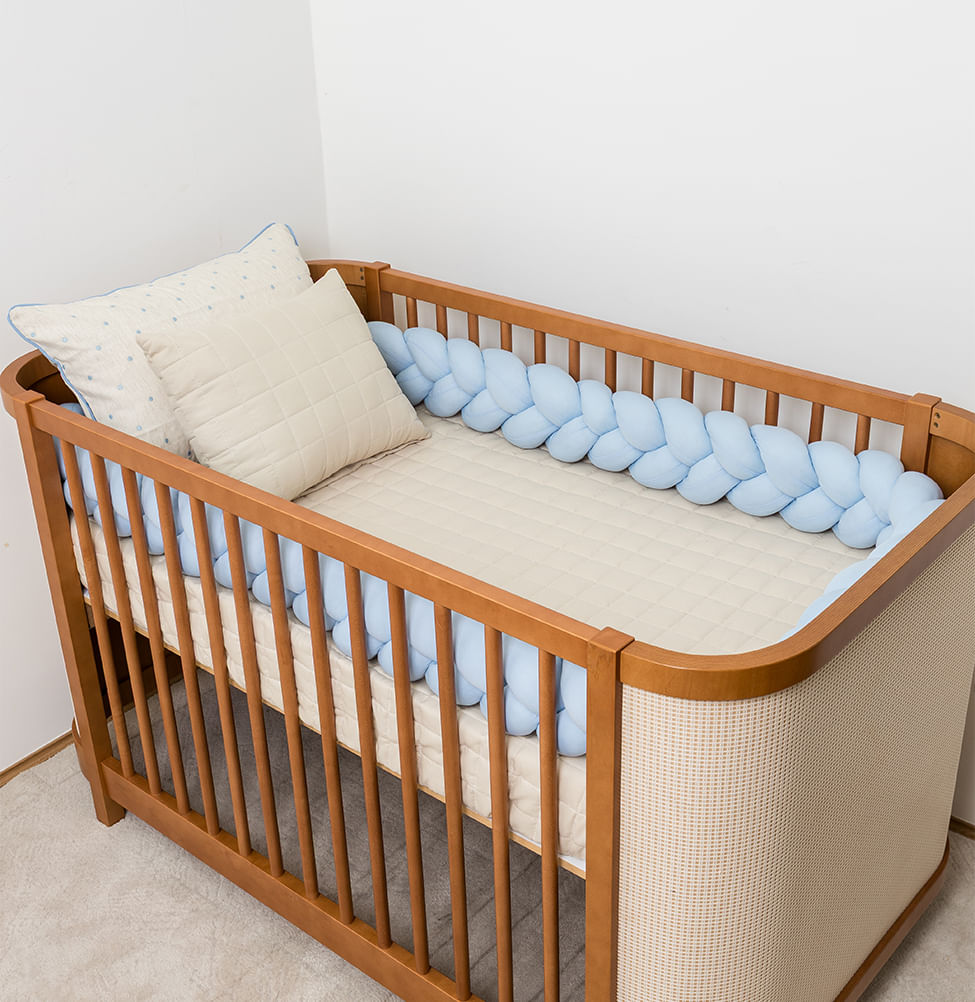 Kit Berço 5 Peças Quadradinho com Bordado Poá - Bege e Azul