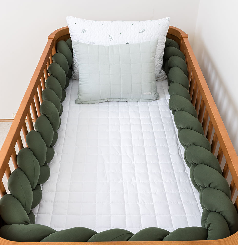 Kit Berço 5 Peças Quadradinho com Bordado Ramos - Branco e Verde