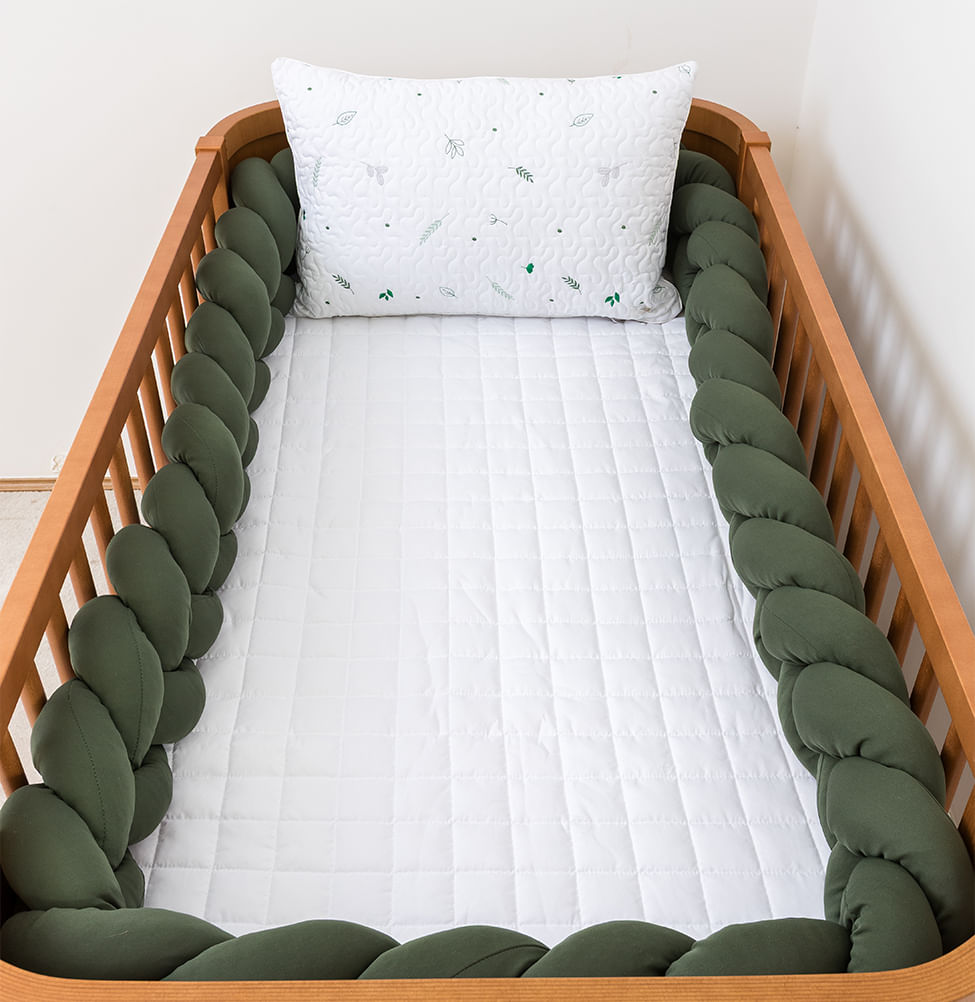 Kit Berço 5 Peças Quadradinho com Bordado Ramos - Branco e Verde
