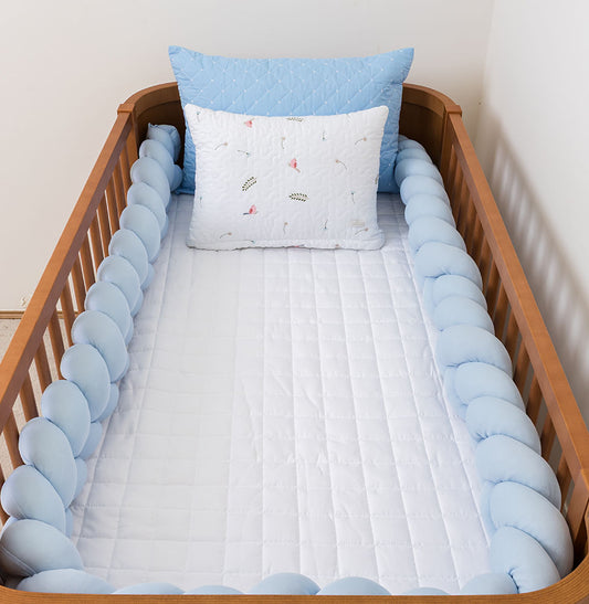 Kit Berço 5 Peças Quadradinho com Bordado Passarinho - Branco e Azul