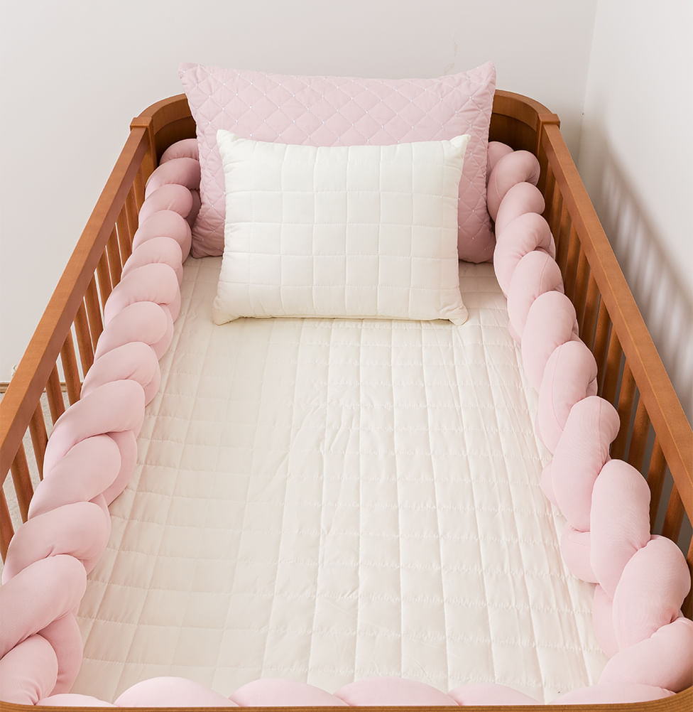 Kit Berço 5 Peças Quadradinho com Bordado Poá - Rosa Chá e Branco
