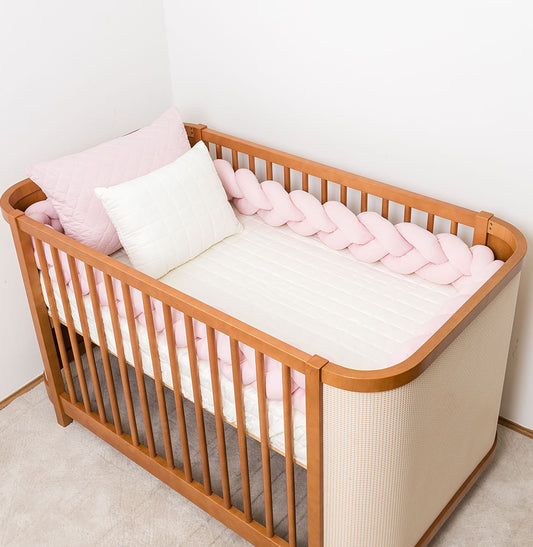 Kit Berço 5 Peças Quadradinho com Bordado Poá - Rosa Chá e Branco