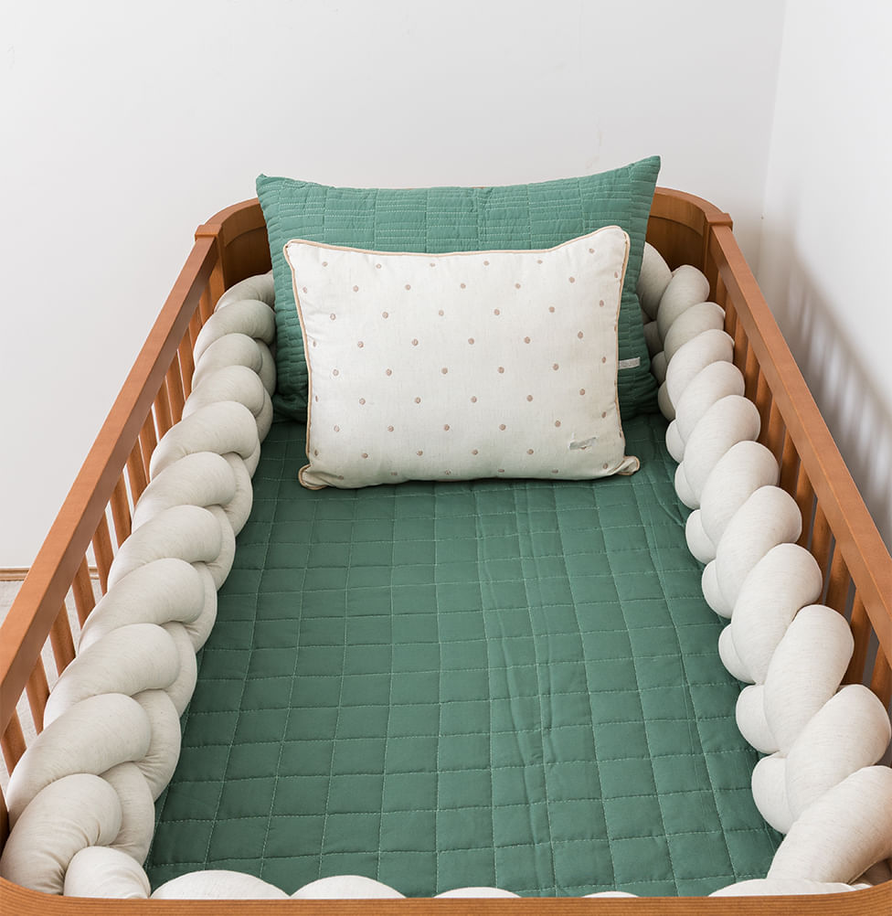 Kit Berço 5 Peças Quadradinho e Retangulo com Bordado Poá - Verde Seco 