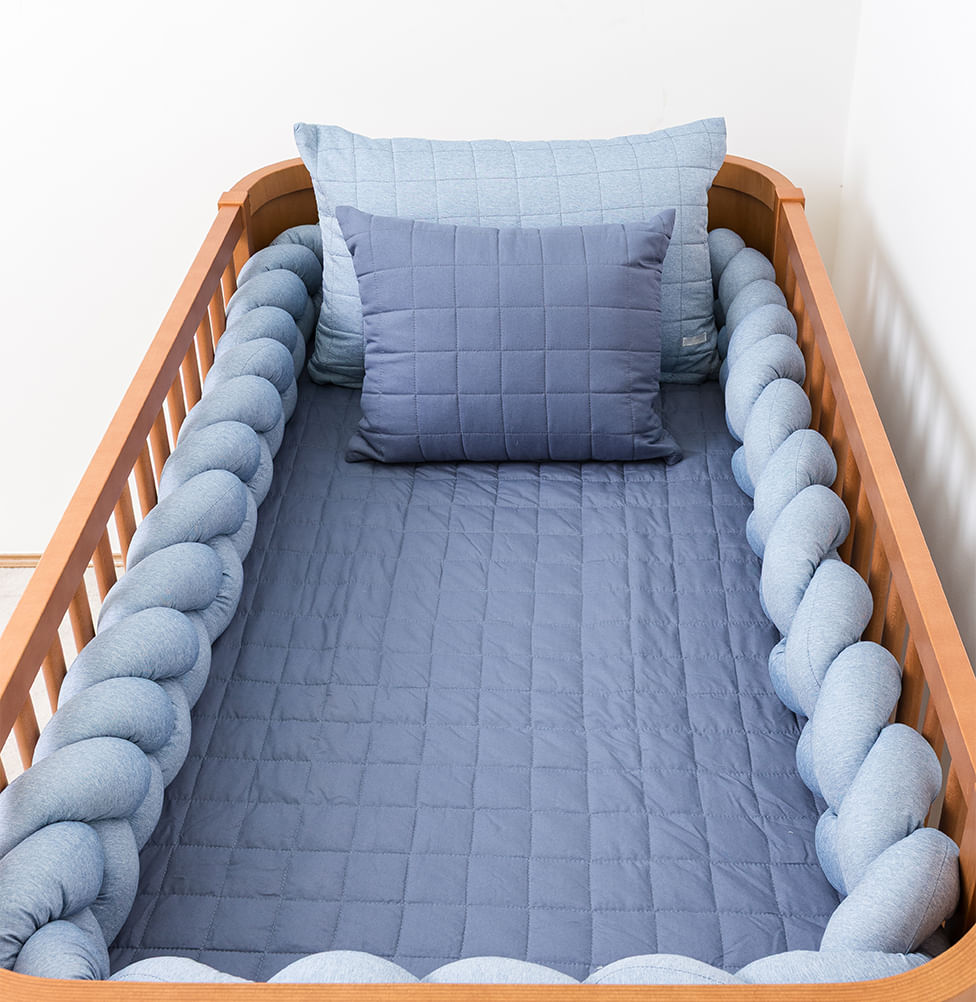 Kit Berço 5 Peças Quadradinho - Azul Jeans e Azul Mescla
