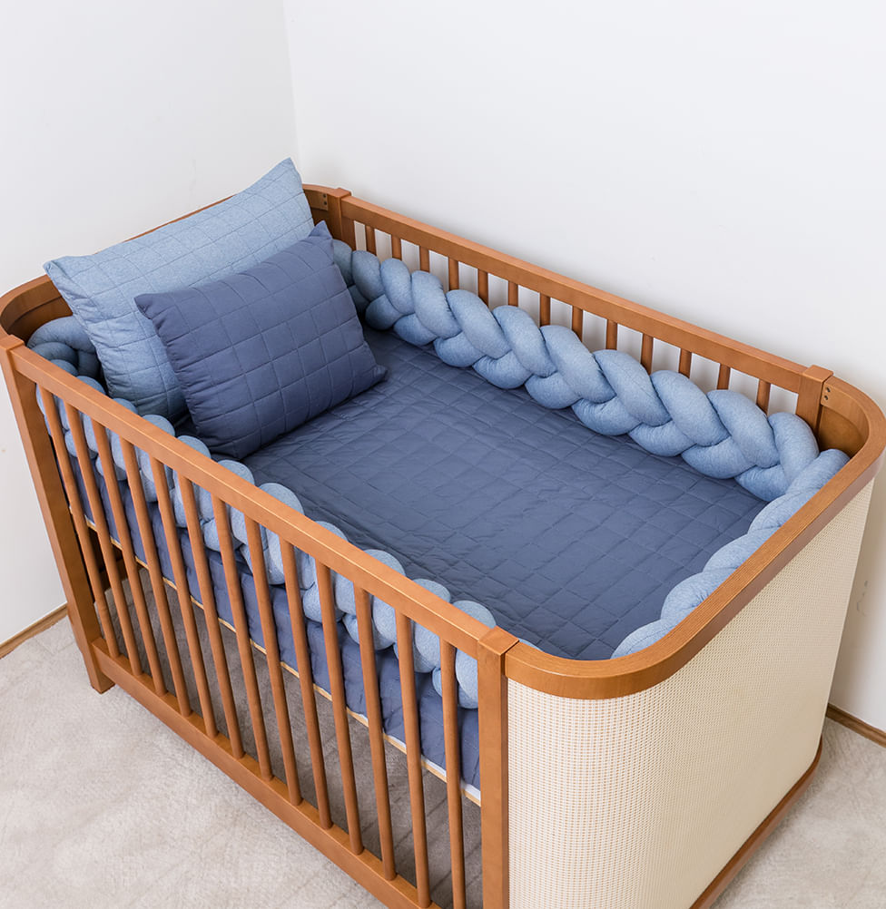 Kit Berço 5 Peças Quadradinho - Azul Jeans e Azul Mescla