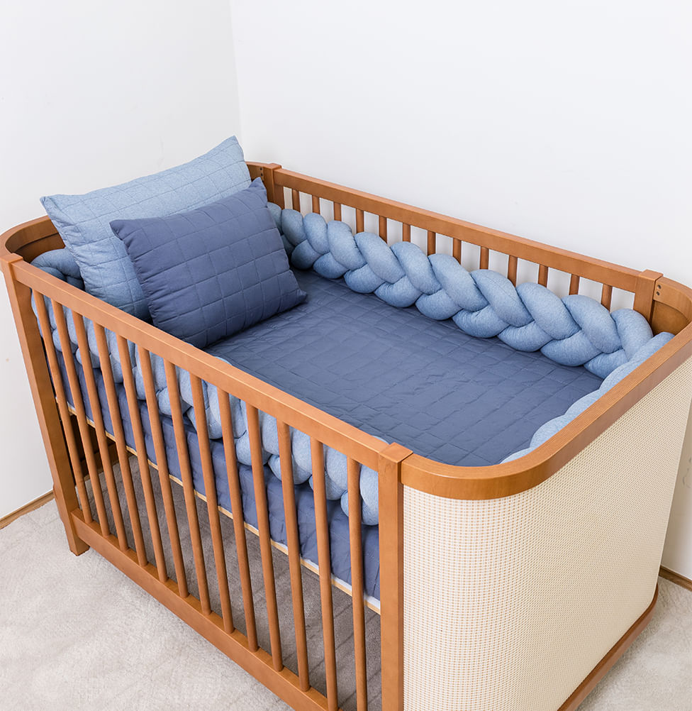 Kit Berço 5 Peças Quadradinho - Azul Jeans e Azul Mescla