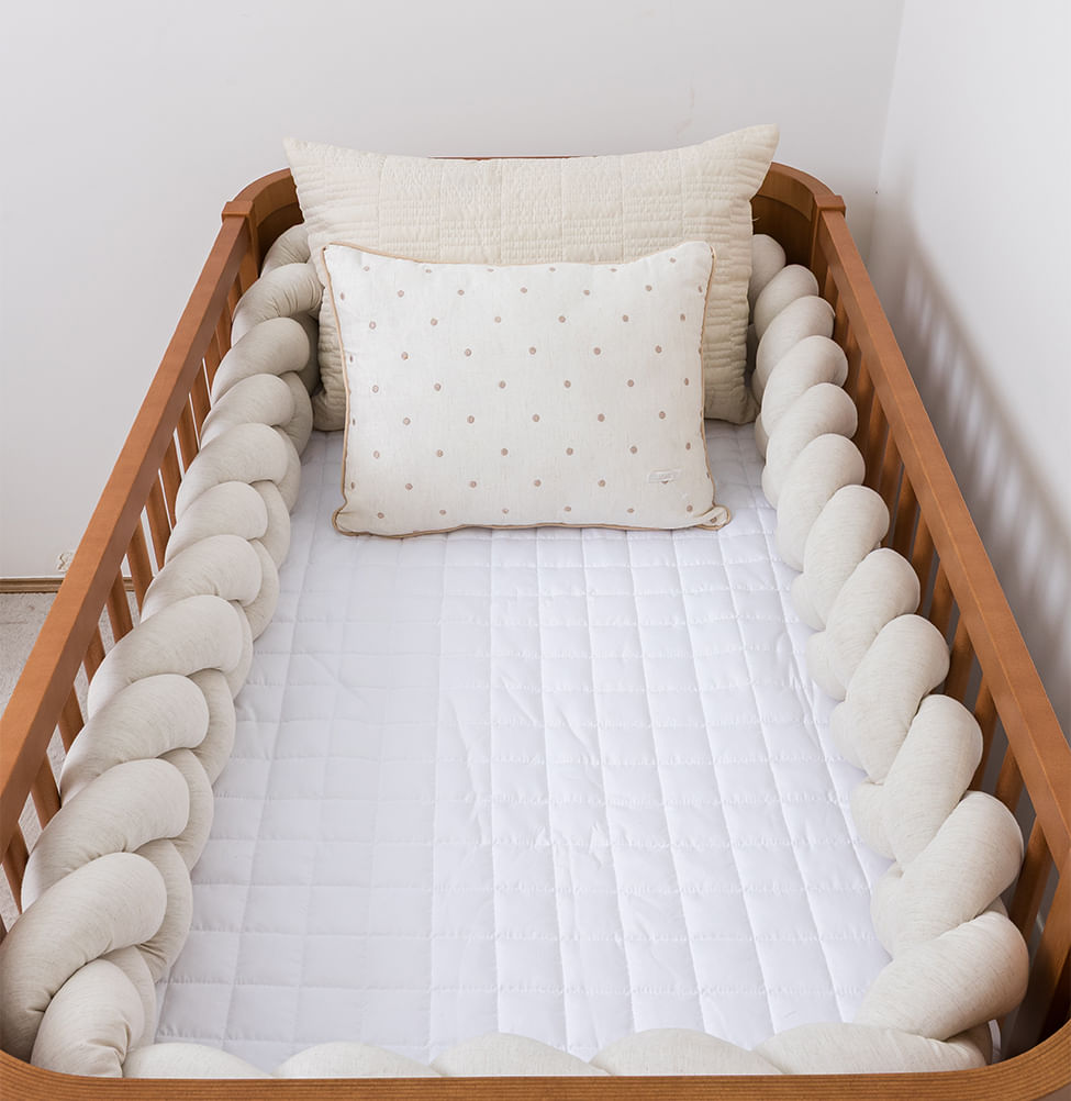 Kit Berço 5 Peças Quadradinho e Retangulo com Bordado Poá - Bege