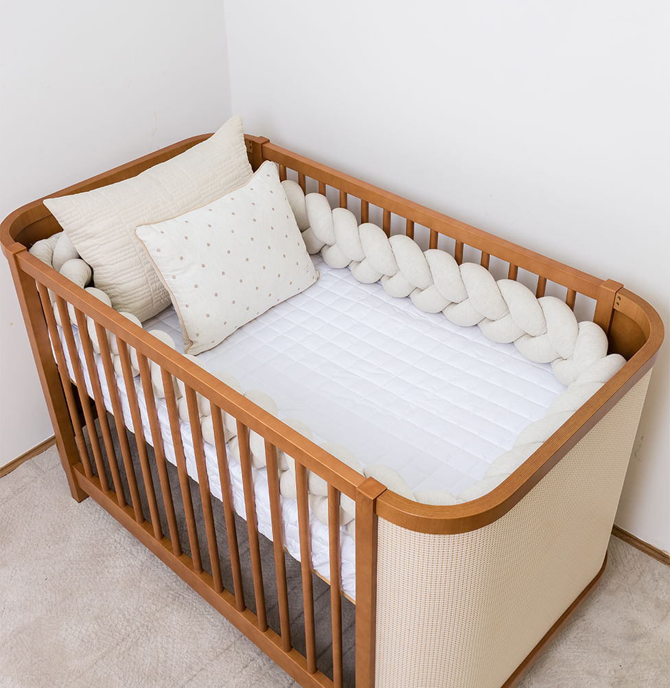 Kit Berço 5 Peças Quadradinho e Retangulo com Bordado Poá - Bege