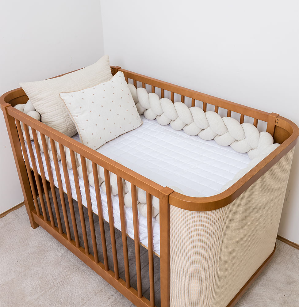 Kit Berço 5 Peças Quadradinho e Retangulo com Bordado Poá - Bege