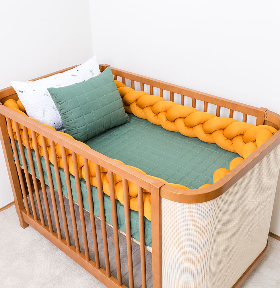 Kit Berço 5 Peças Quadradinho com Bordado Ramos - Verde Seco 