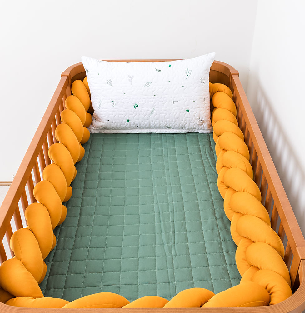 Kit Berço 5 Peças Quadradinho com Bordado Ramos - Verde Seco 