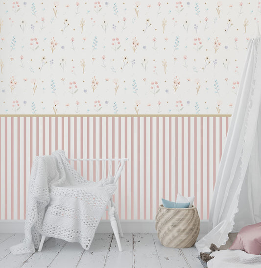 Papel de Parede Infantil Floral com Listras Candy - Mural 