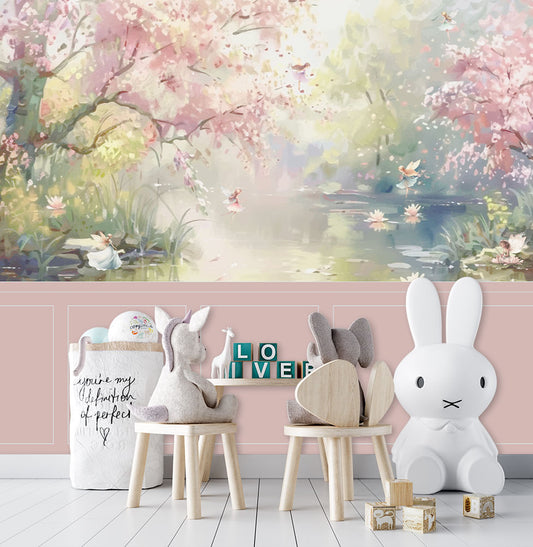 Papel de Parede Infantil Lago Encantado das Fadas com Lambri Rosa - Mural