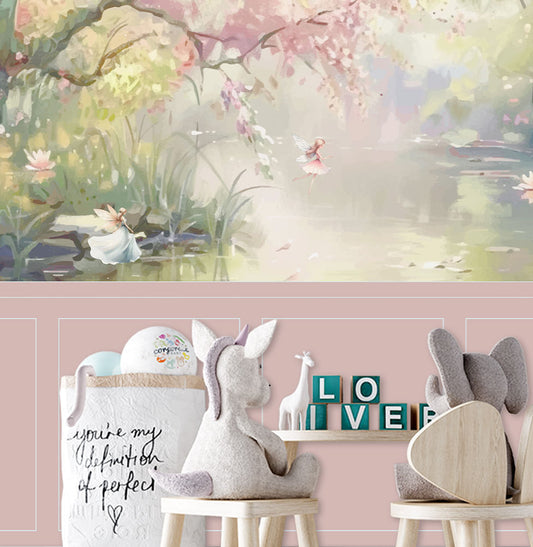 Papel de Parede Infantil Lago Encantado das Fadas com Lambri Rosa - Mural