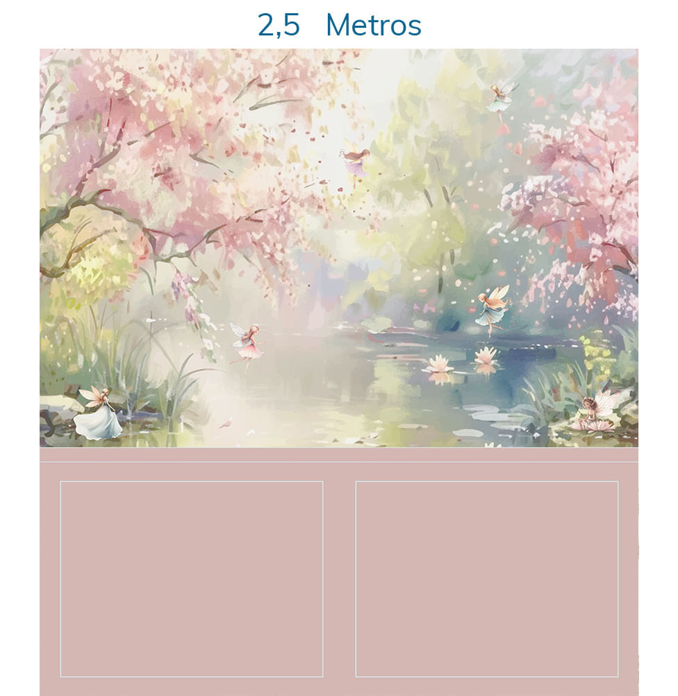 Papel de Parede Infantil Lago Encantado das Fadas com Lambri Rosa - Mural