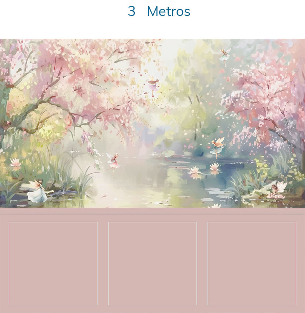 Papel de Parede Infantil Lago Encantado das Fadas com Lambri Rosa - Mural