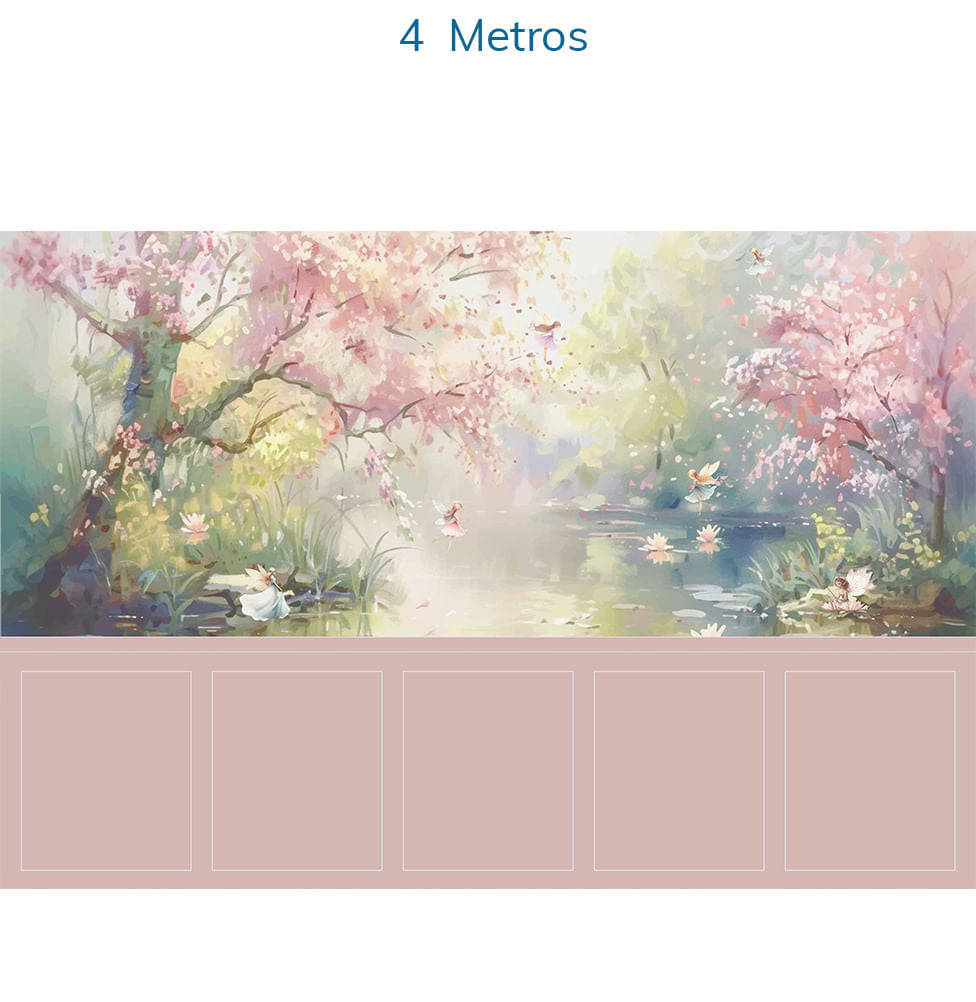 Papel de Parede Infantil Lago Encantado das Fadas com Lambri Rosa - Mural
