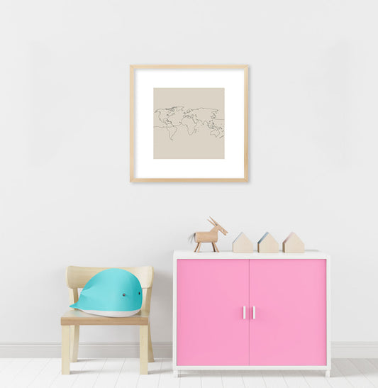Quadro Infantil Mapa Mundi Minimalista Bege - Quadrado