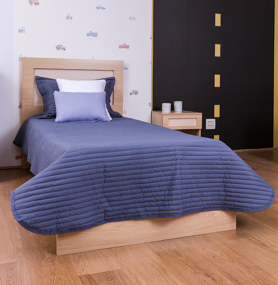 Kit Colcha Solteiro Listra Azul Jeans - 2 Peças