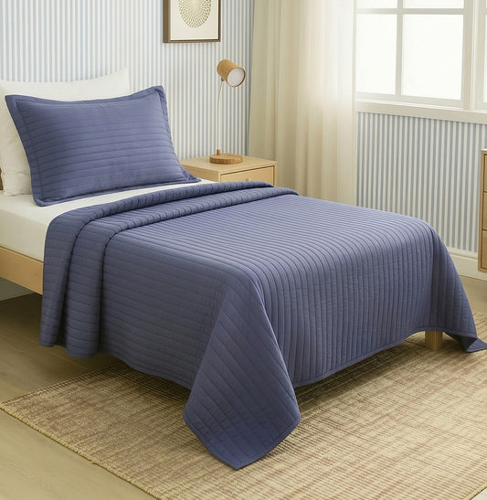 Kit Colcha Solteiro Listra Azul Jeans - 2 Peças