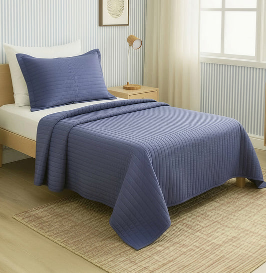 Kit Colcha Solteiro Listra Azul Jeans - 2 Peças