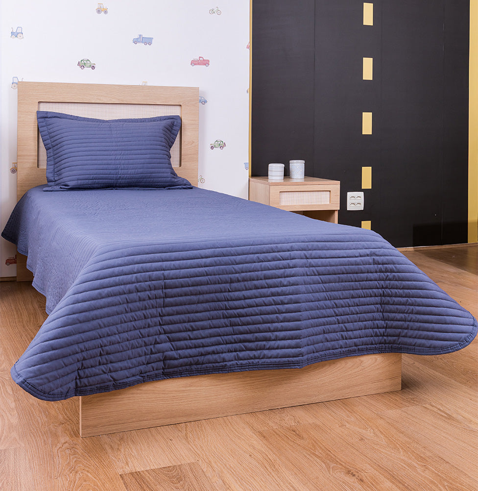 Kit Colcha Solteiro Listra Azul Jeans - 2 Peças
