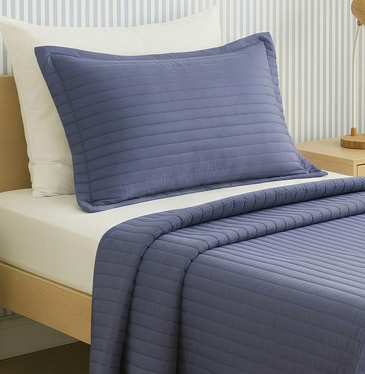 Kit Colcha Solteiro Listra Azul Jeans - 2 Peças