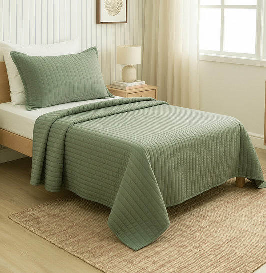 Kit Colcha Solteiro Listra Verde Seco - 2 Peças