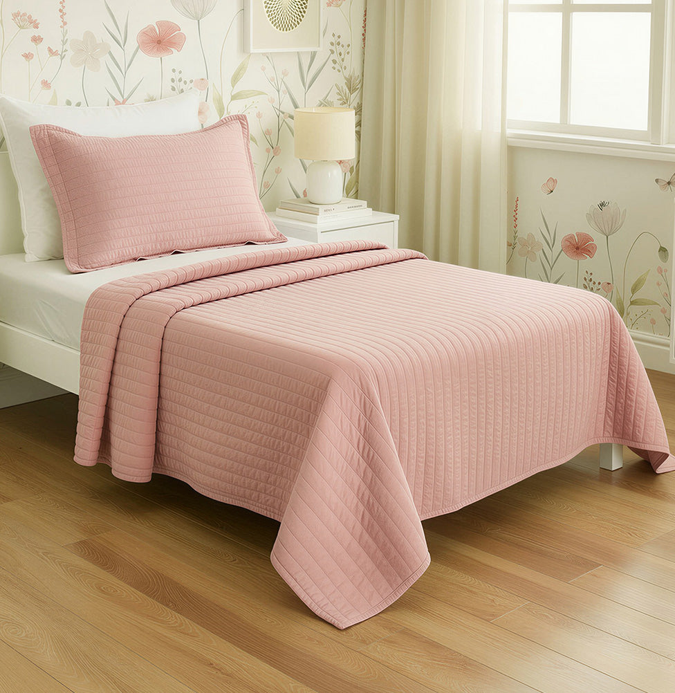 Kit Colcha Solteiro Listra Rosa Chá - 2 Peças