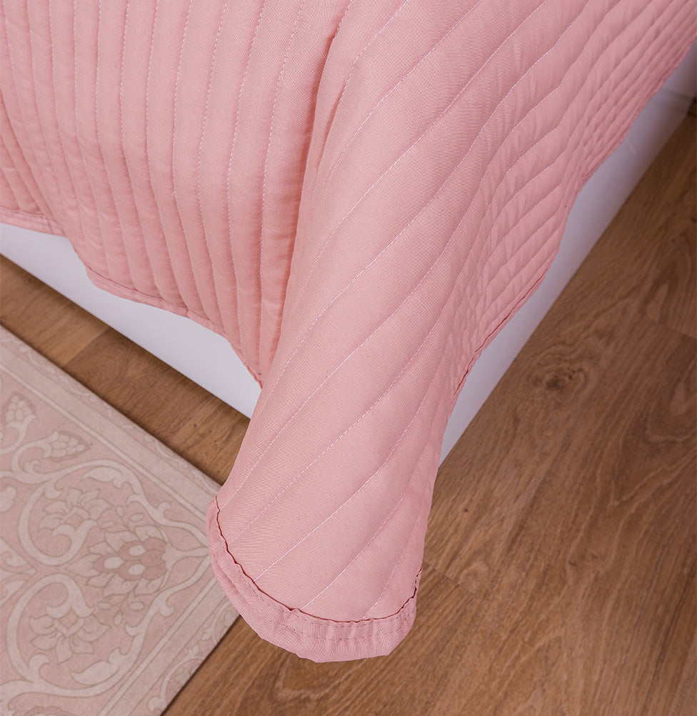 Kit Colcha Solteiro Listra Rosa Chá - 2 Peças