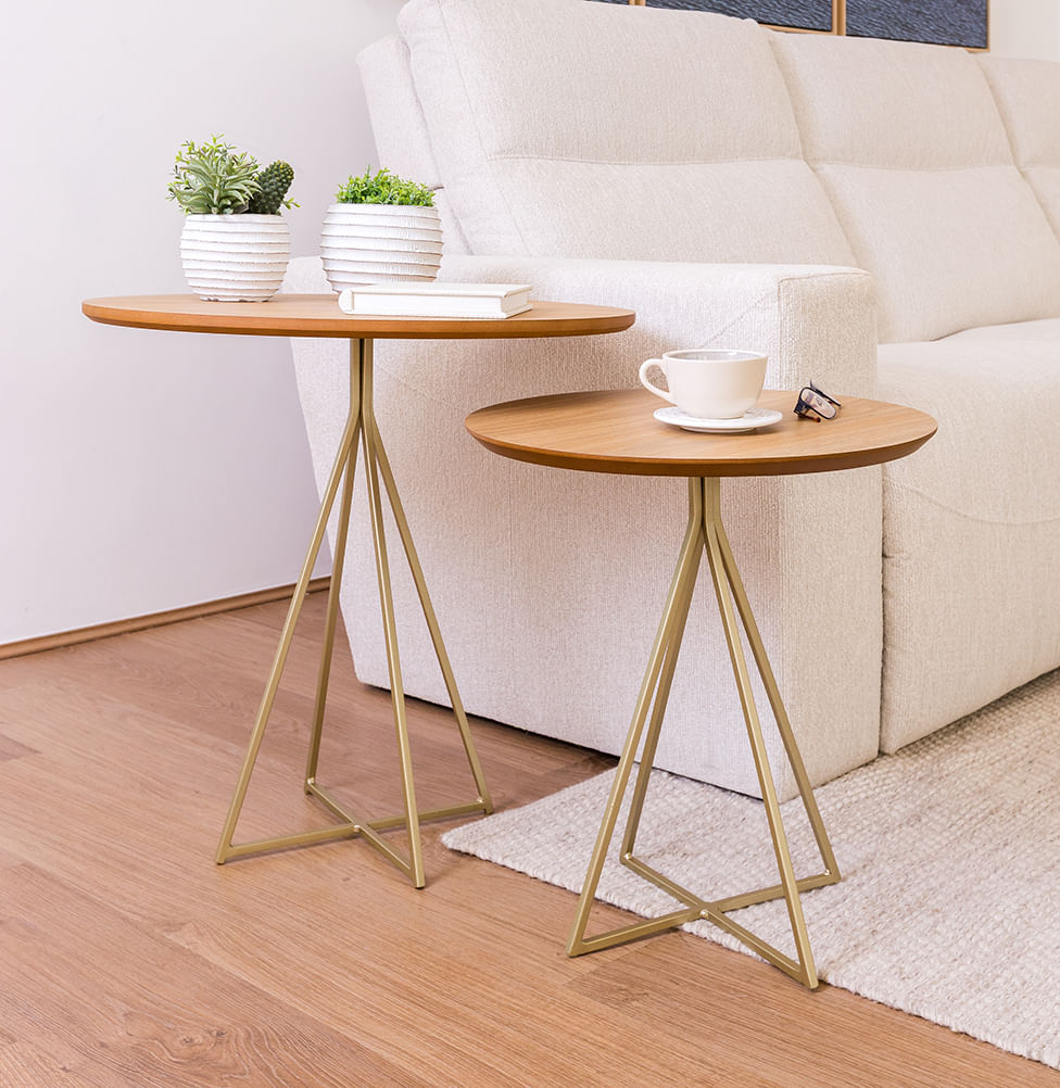 Conjunto de Mesa Lateral Prisma com Base Champagne - Freijó 