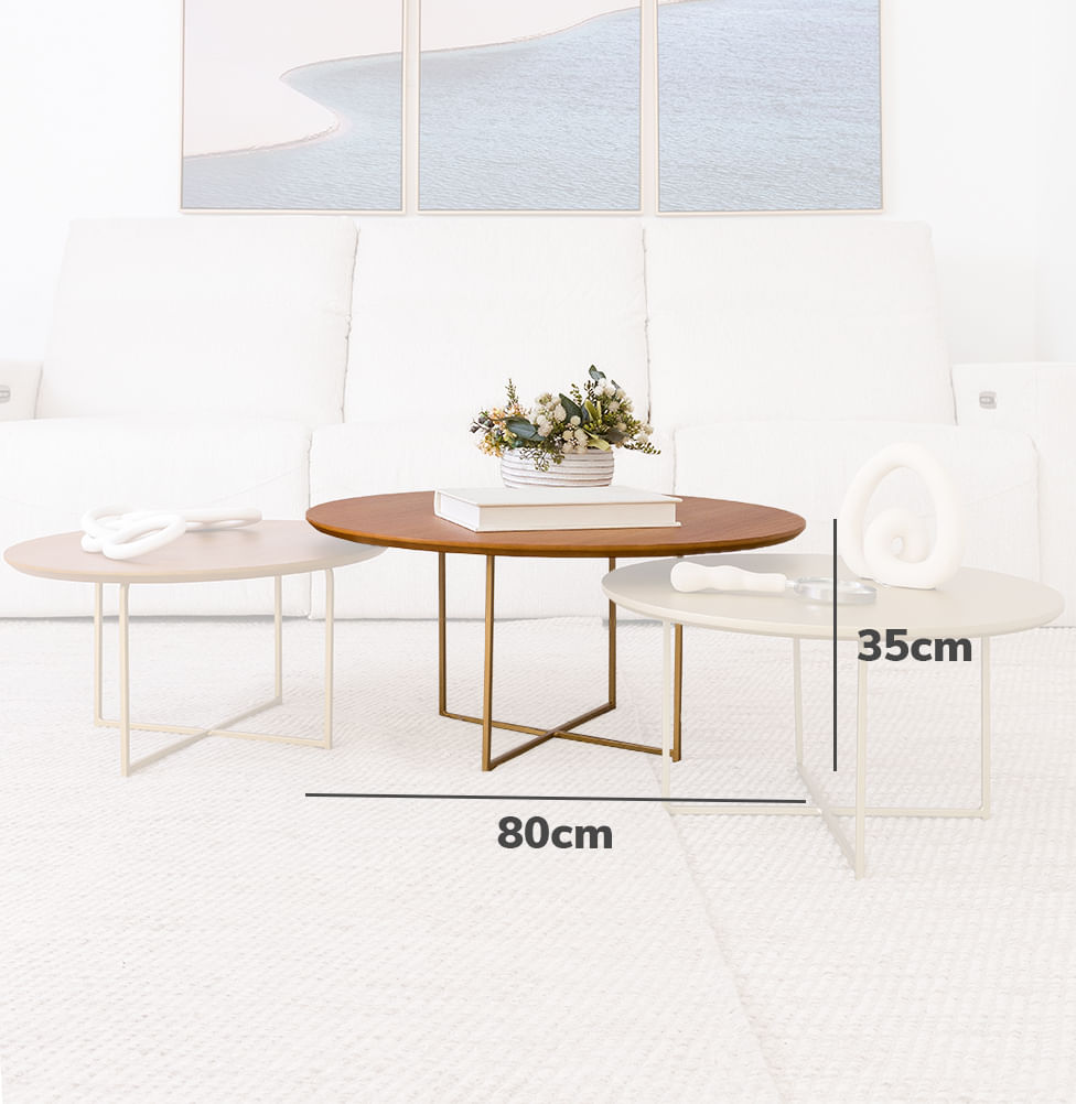 Conjunto com 3 Mesas de Centro Prisma com Base Champagne - Cinamomo 