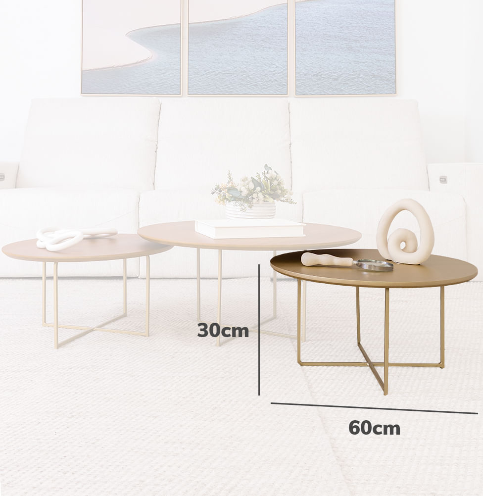Conjunto com 3 Mesas de Centro Prisma com Base Champagne - Cinamomo 
