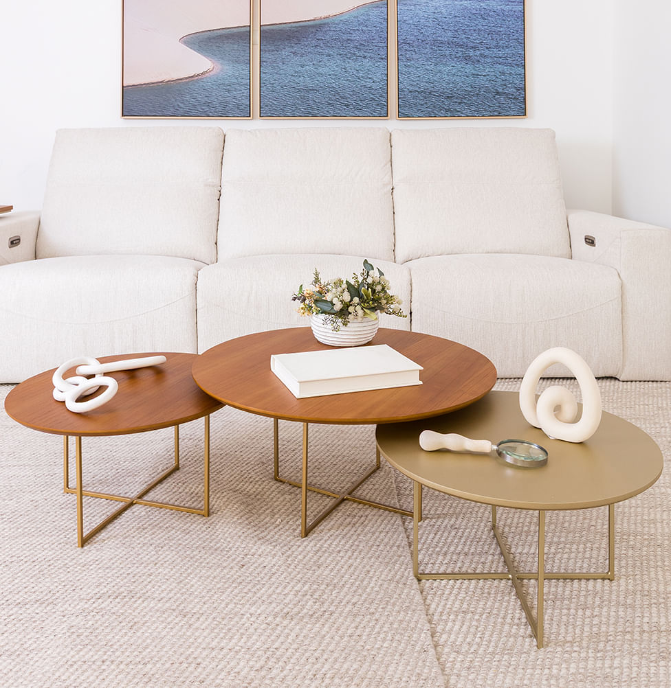 Conjunto com 3 Mesas de Centro Prisma com Base Champagne - Cinamomo 