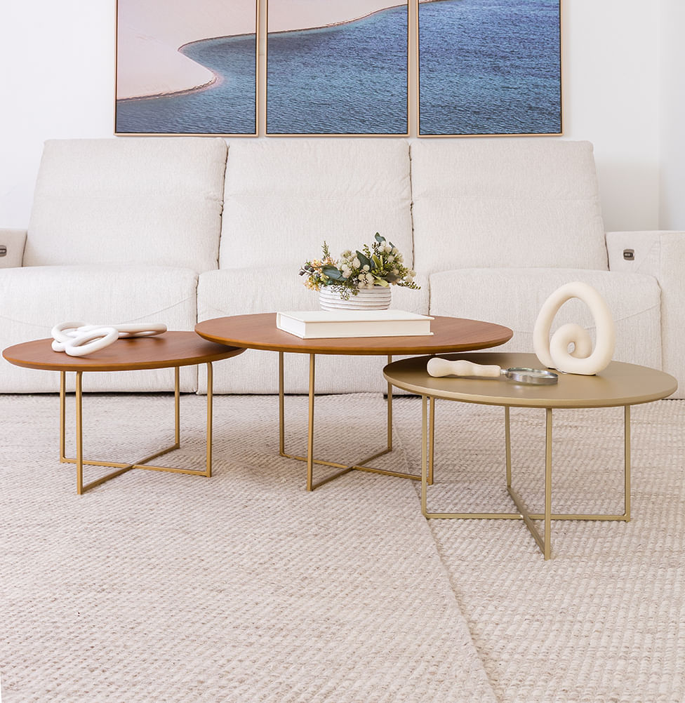 Conjunto com 3 Mesas de Centro Prisma com Base Champagne - Cinamomo 