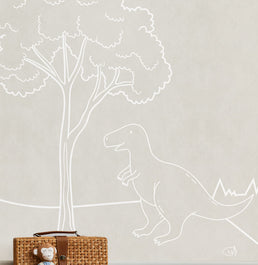 Papel de Parede Infantil Dino em Linhas Bege - Mural
