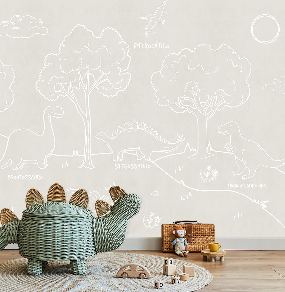 Papel de Parede Infantil Dino em Linhas Bege - Mural