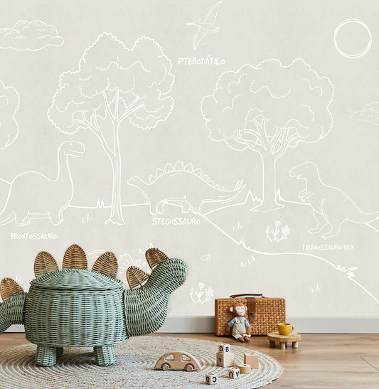 Papel de Parede Infantil Dino em Linhas Bege - Mural
