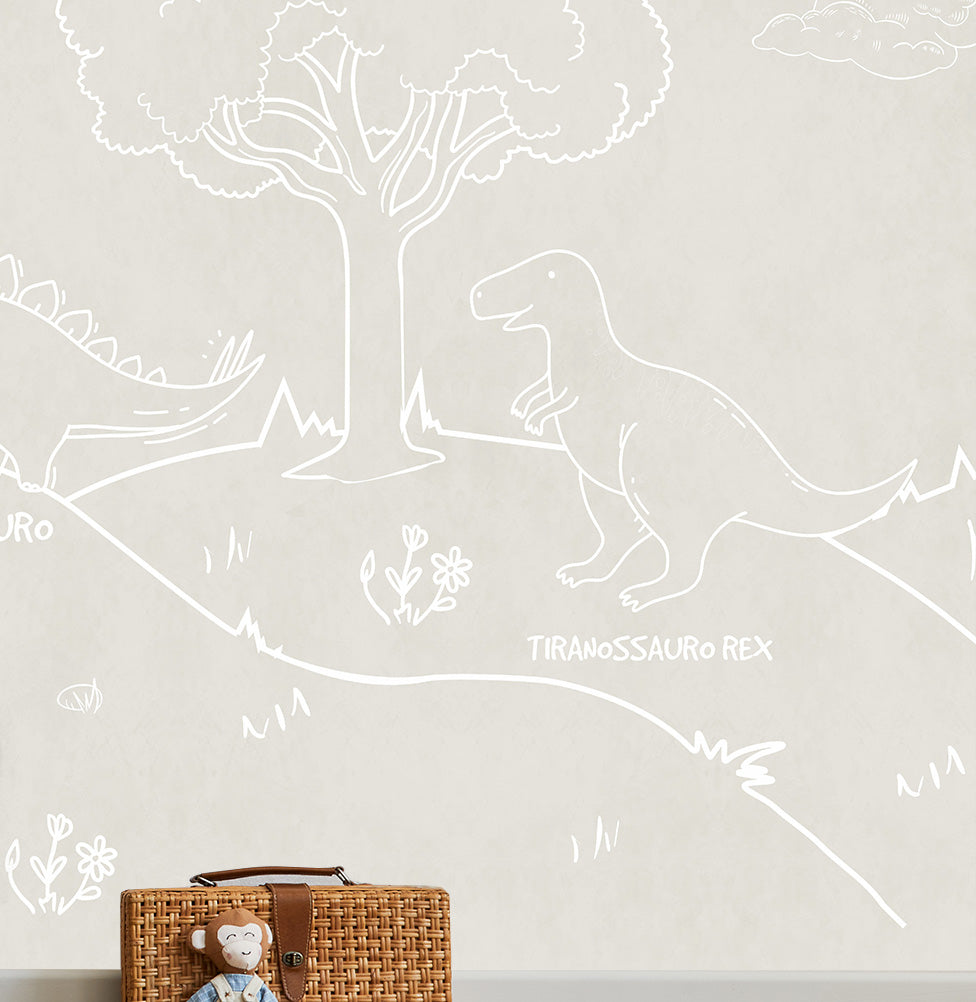 Papel de Parede Infantil Dino em Linhas Bege - Mural