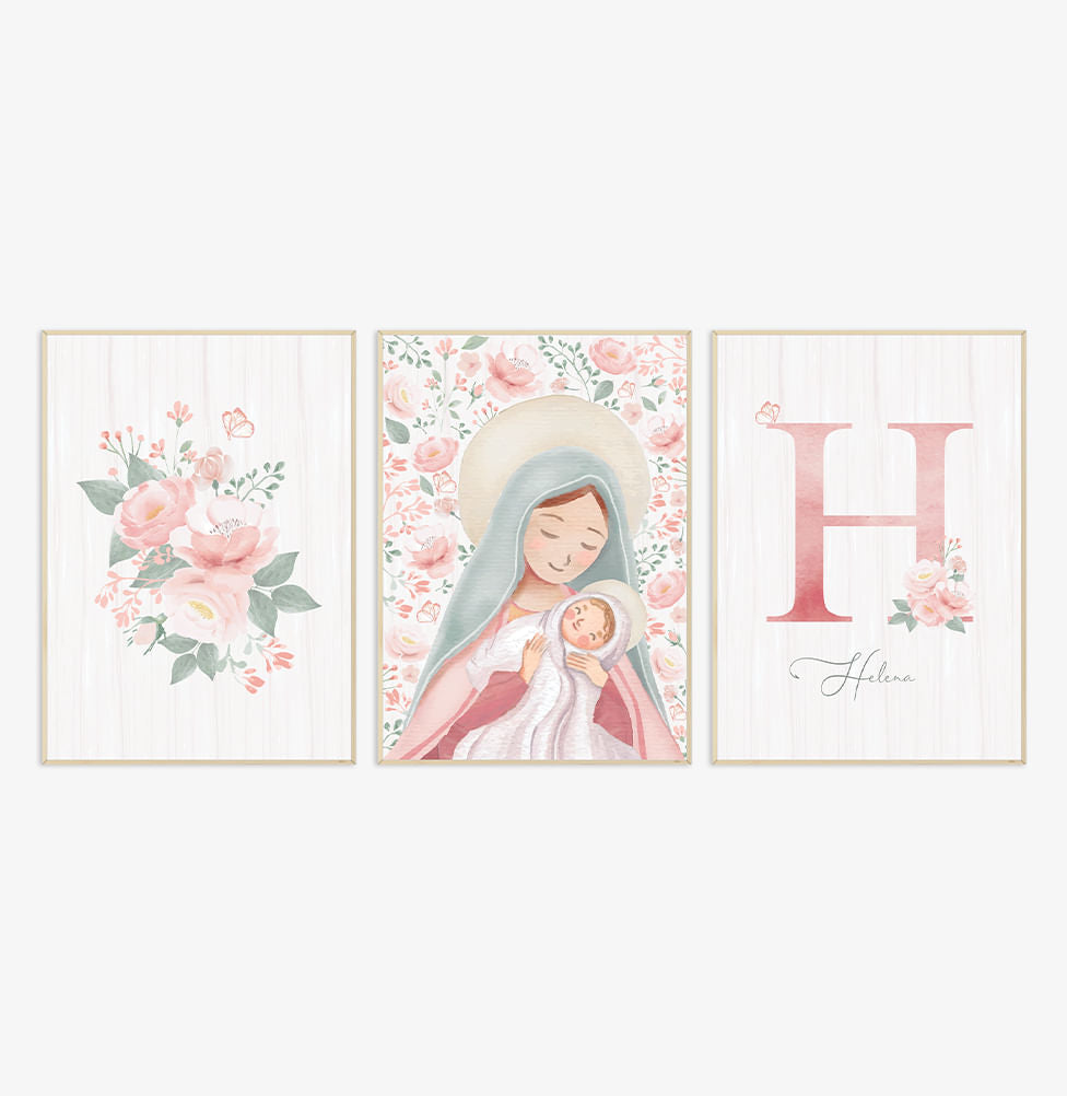 Conjunto com 3 Quadros Nossa Senhora com Buquet e Inicial Rose Personalizado Moldura Filete Pinus - Vertical