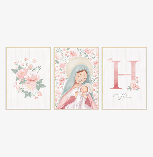 Conjunto com 3 Quadros Nossa Senhora com Buquet e Inicial Rose Personalizado Moldura Filete Pinus - Vertical