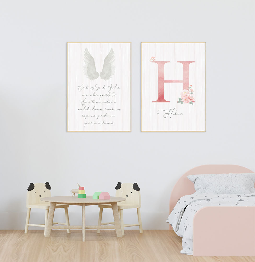Conjunto com 2 Quadros Oração Santo Anjo e Inicial Personalizada Rose Moldura Filete Pinus - Vertical