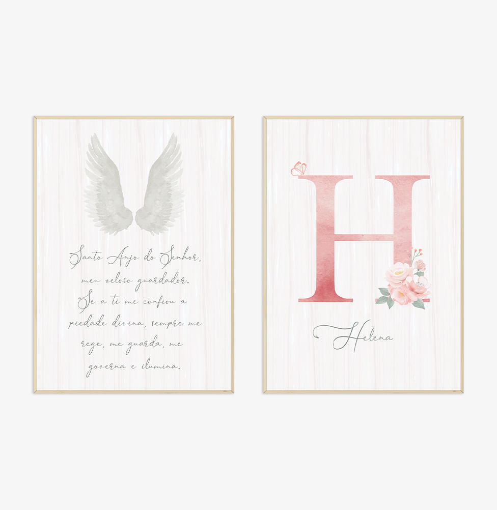 Conjunto com 2 Quadros Oração Santo Anjo e Inicial Personalizada Rose Moldura Filete Pinus - Vertical