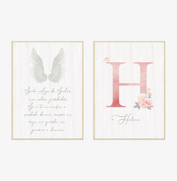 Conjunto com 2 Quadros Oração Santo Anjo e Inicial Personalizada Rose Moldura Filete Pinus - Vertical