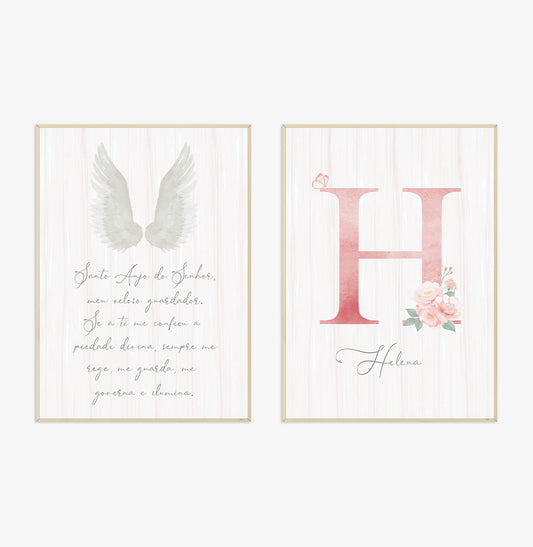 Conjunto com 2 Quadros Oração Santo Anjo e Inicial Personalizada Rose Moldura Filete Pinus - Vertical