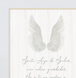 Conjunto com 2 Quadros Oração Santo Anjo e Inicial Personalizada Rose Moldura Filete Pinus - Vertical